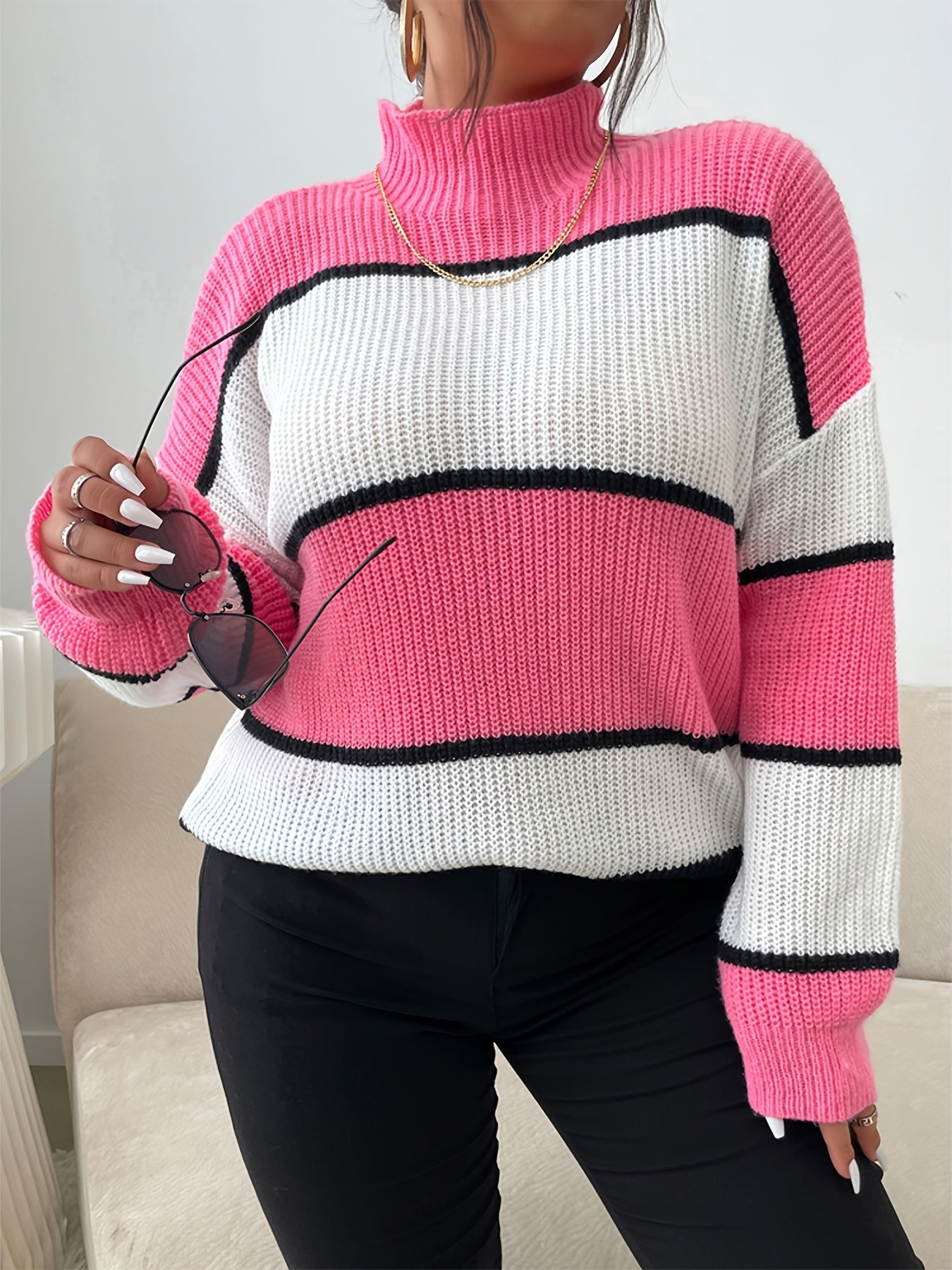 Colorblock Long Sleeve Sweater High Neck Casual Top
