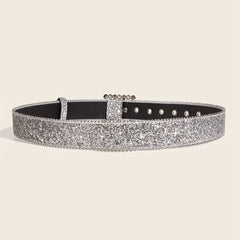 Glitter Sparkle Square Pin Buckle Belt Beaded Jeans Belt for Women