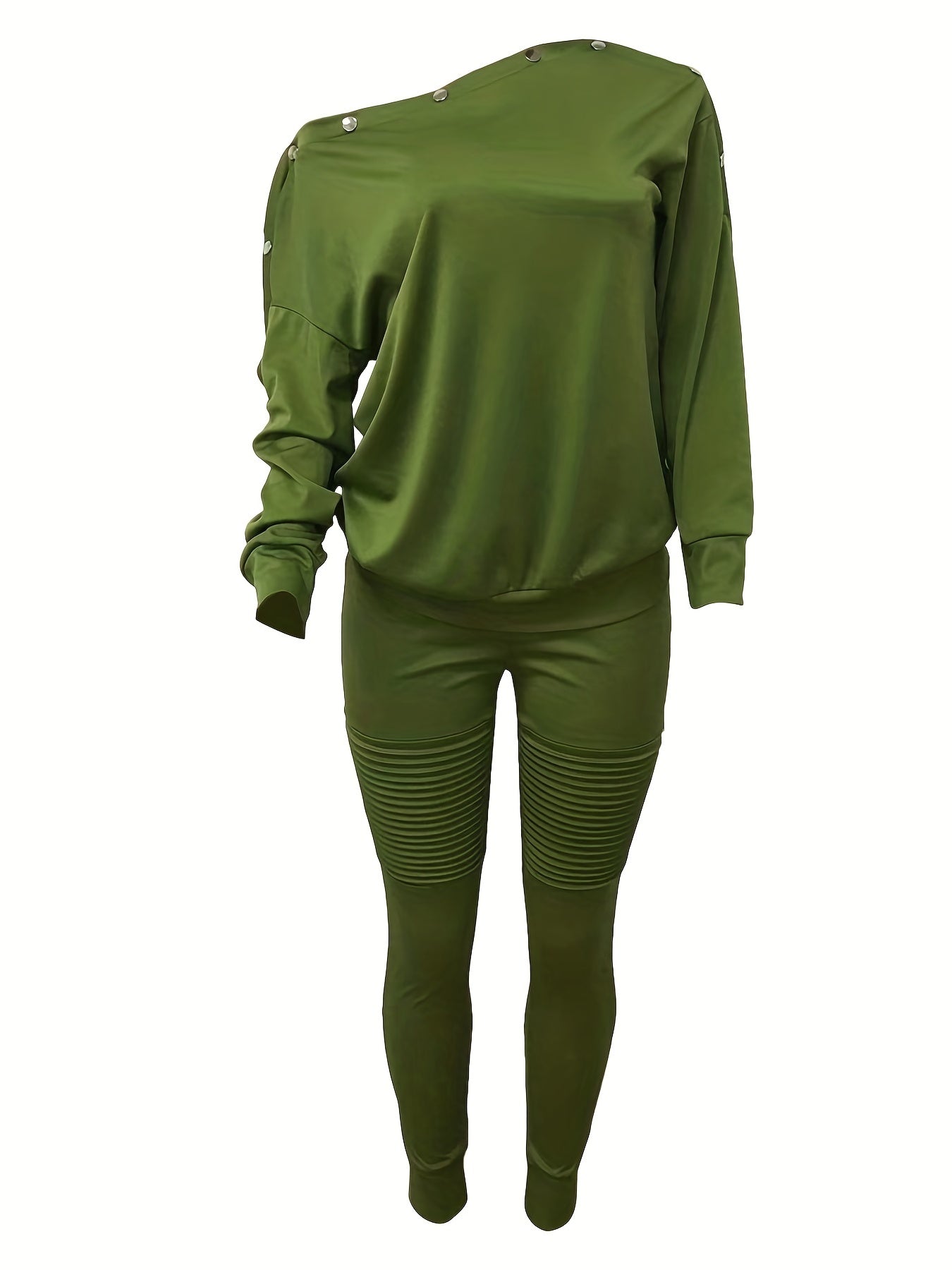 Cold Shoulder Long Sleeve Top & Slim Pants Set Women's Outfit