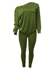 Cold Shoulder Long Sleeve Top & Slim Pants Set Women's Outfit