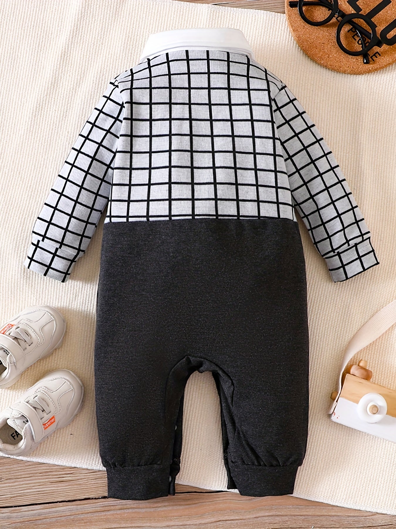 Infant Gentleman Style Romper Baby Boys Contrast Bow Tie Plaid Jumpsuit
