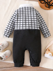 Infant Gentleman Style Romper Baby Boys Contrast Bow Tie Plaid Jumpsuit