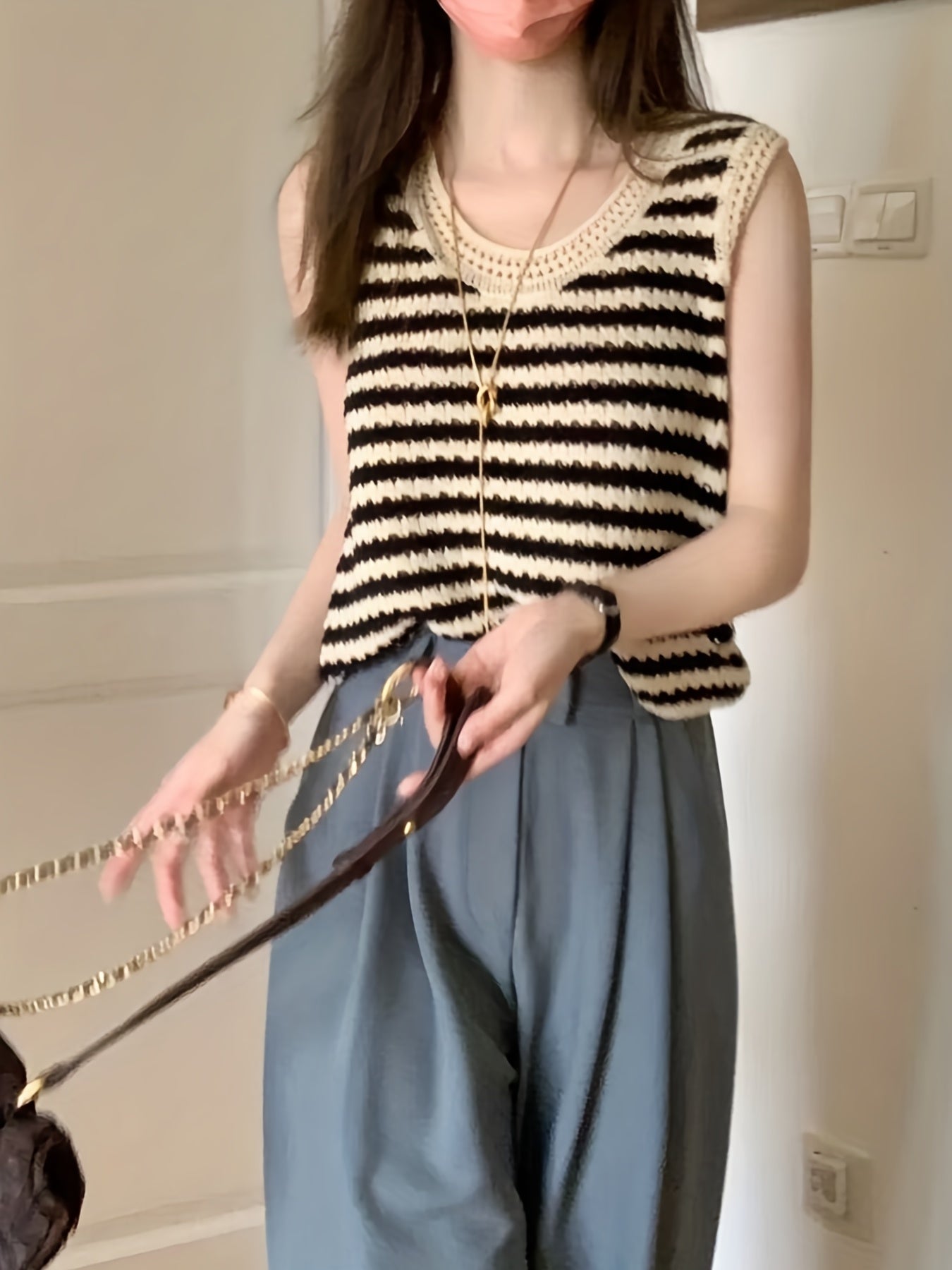 Striped Cut Out Tank Top Casual Sleeveless Knitted Top