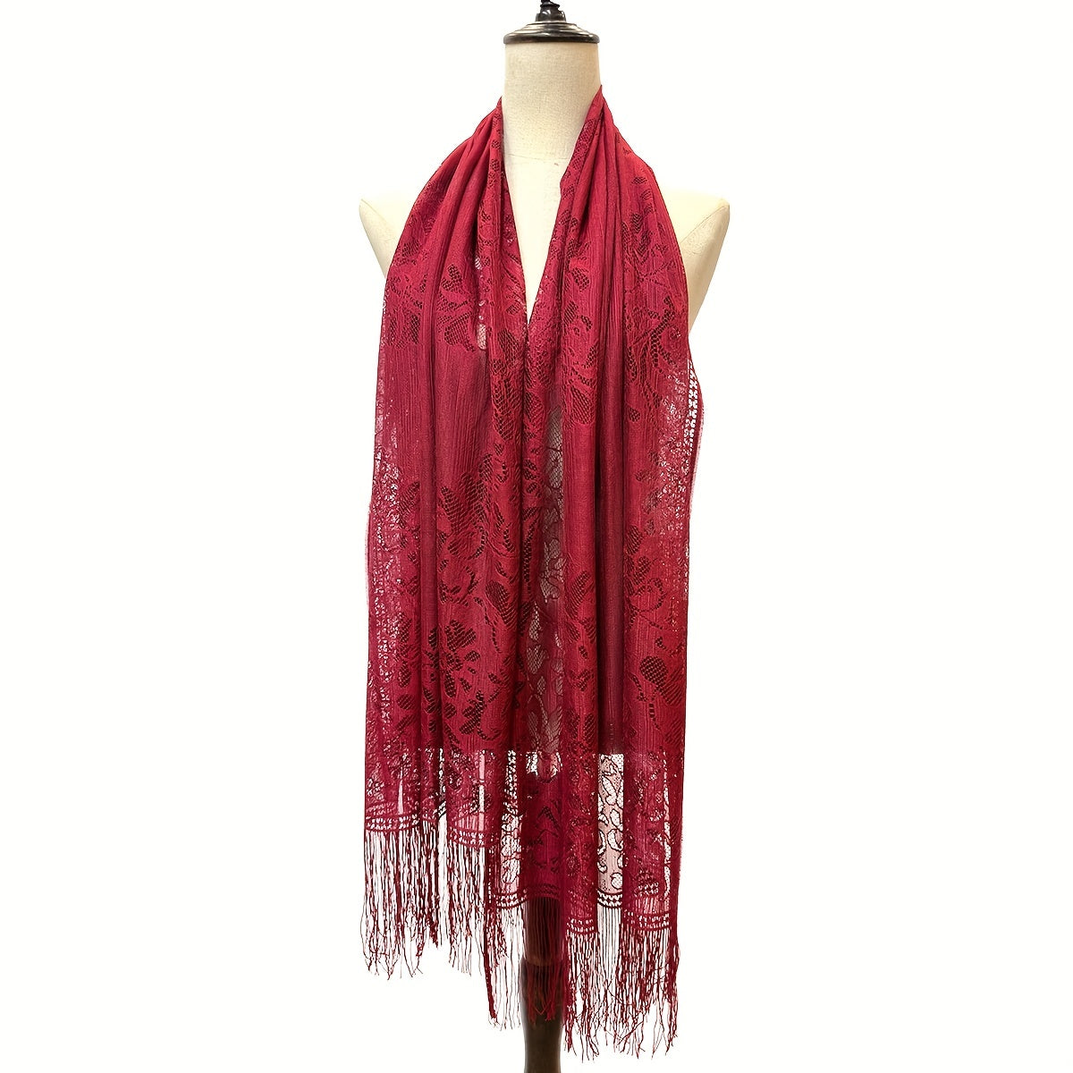 Red Lace Tassel Scarf Floral Shawl for Party Prom Wedding Bridal