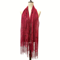 Red Lace Tassel Scarf Floral Shawl for Party Prom Wedding Bridal