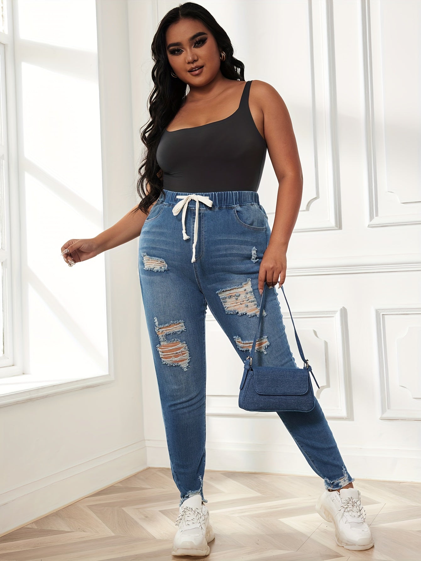 Ripped Tie Elastic Waist High Stretch Skinny Denim Pants