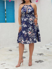 Floral Print Backless Halter Neck Dress