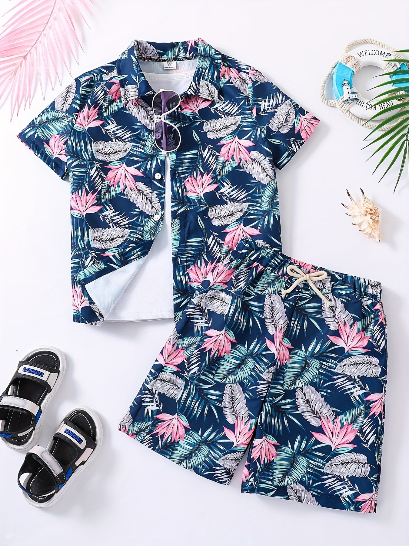 Boys Hawaiian Shirt & Shorts Set Tropical Plant Print Vacation Beach Wear