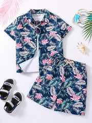 Boys Hawaiian Shirt & Shorts Set Tropical Plant Print Vacation Beach Wear