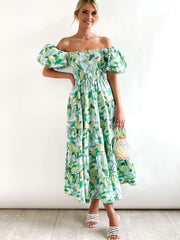 Floral Print Boho Maxi Dress Puff Sleeve Tiered