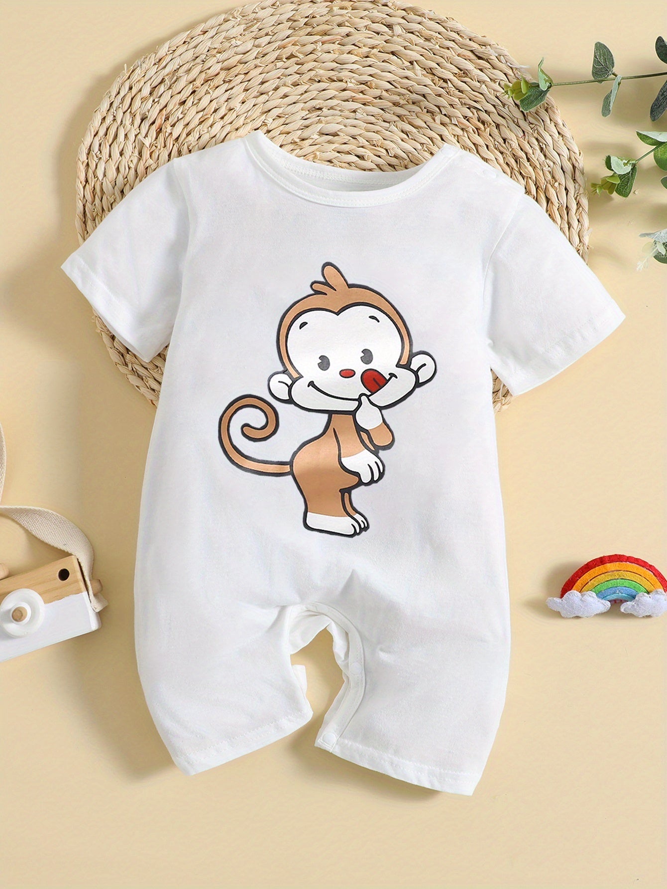 Monkey Cartoon Print Cotton Baby Jumpsuit Short Sleeved Newborn Onesie