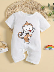 Monkey Cartoon Print Cotton Baby Jumpsuit Short Sleeved Newborn Onesie