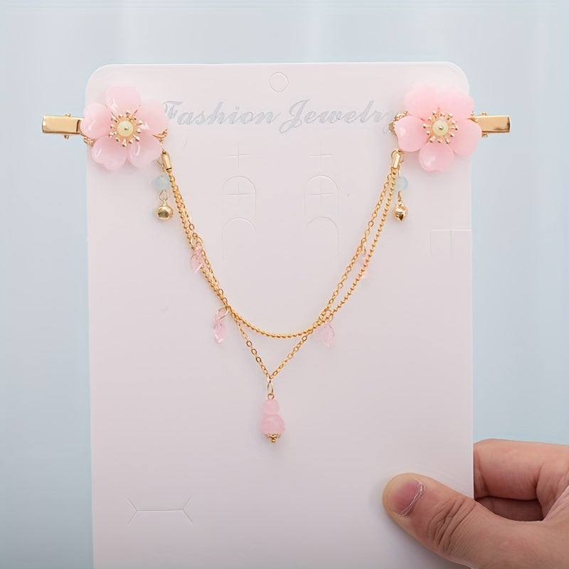 Chinese Style Flower Hair Clip with Tassel Chain - Headdress Jewelry