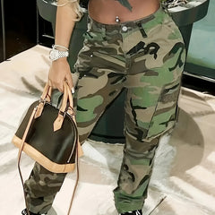 Camo Print High Stretch Cargo Jeans With Pockets