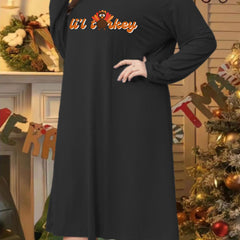 Thanksgiving Lounge Dress Plus Size Women's Funny Turkey Print Tee Sleep Dress
