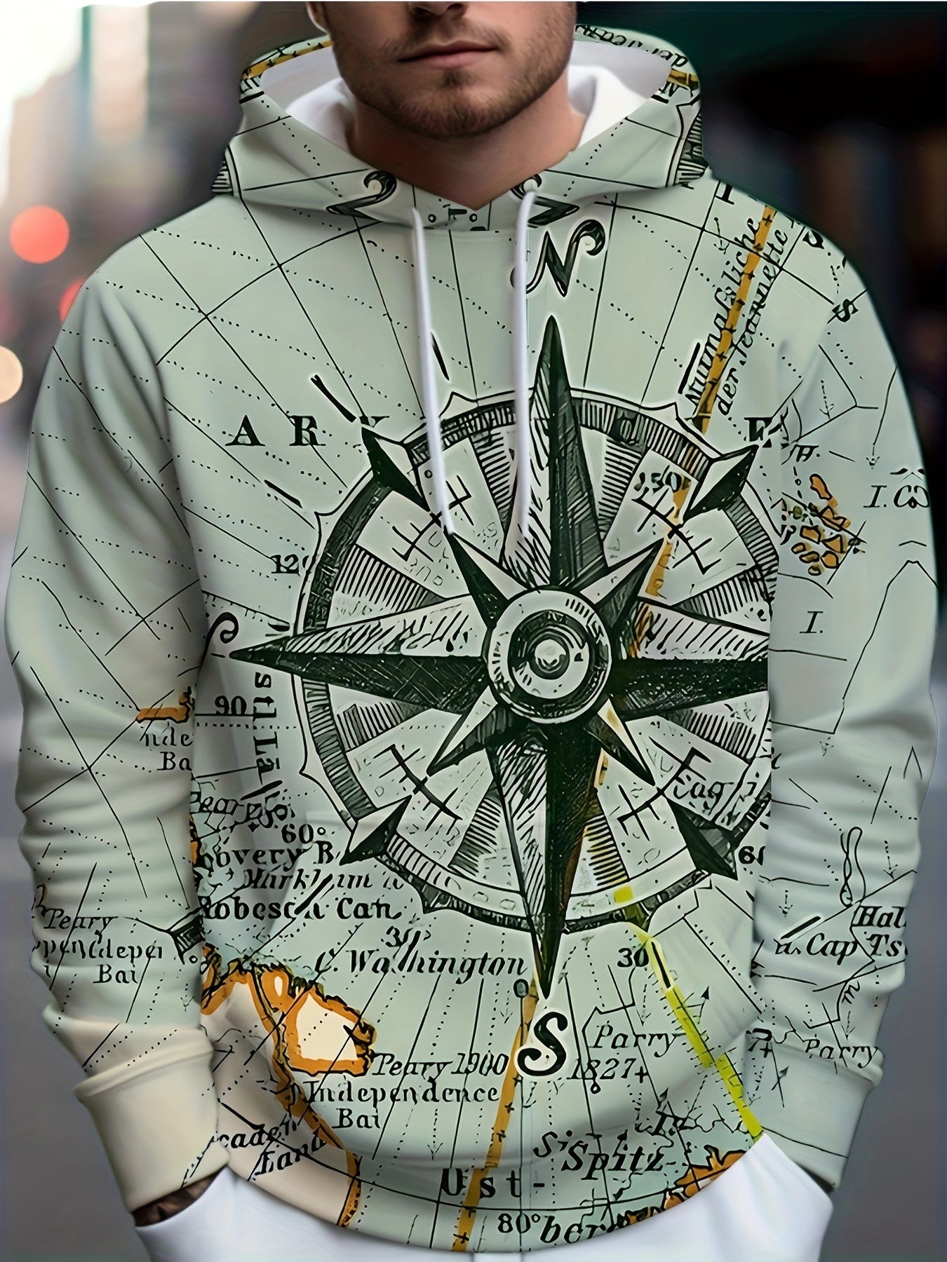 Compass Print Graphic Hoodie Loose Pullover for Men