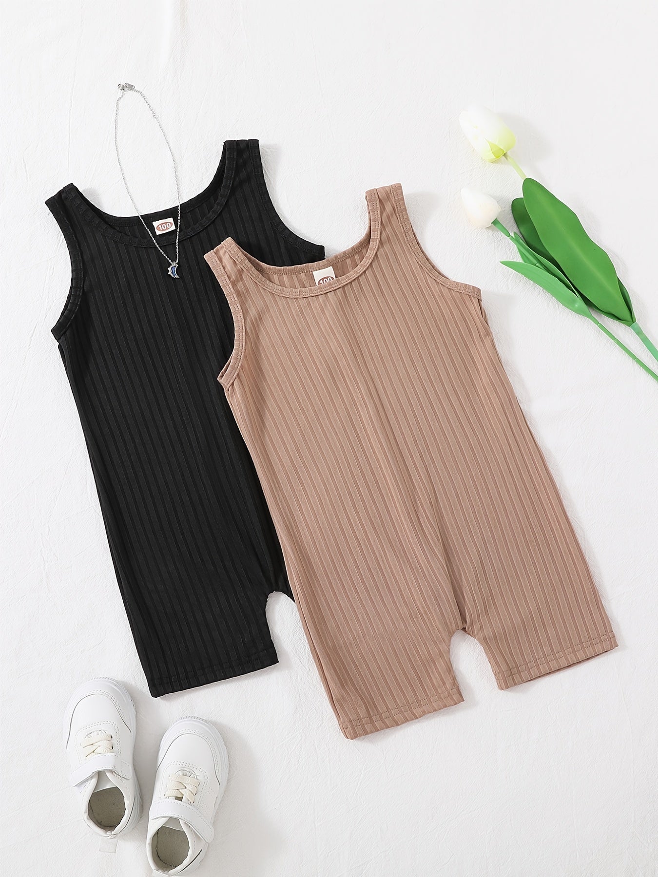 2pcs Toddler Girls Ribbed Rompers Jumpsuit