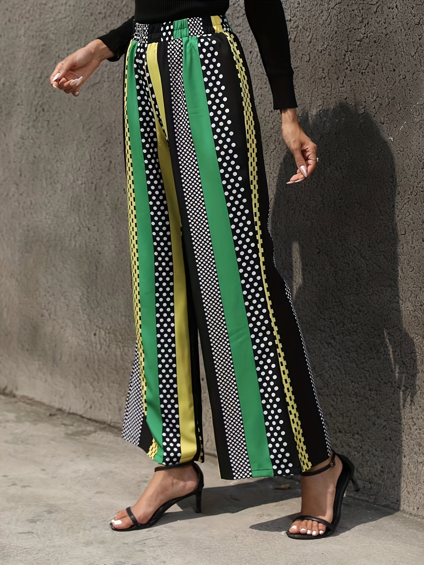 Striped Print Wide Leg Pants Casual Long Length