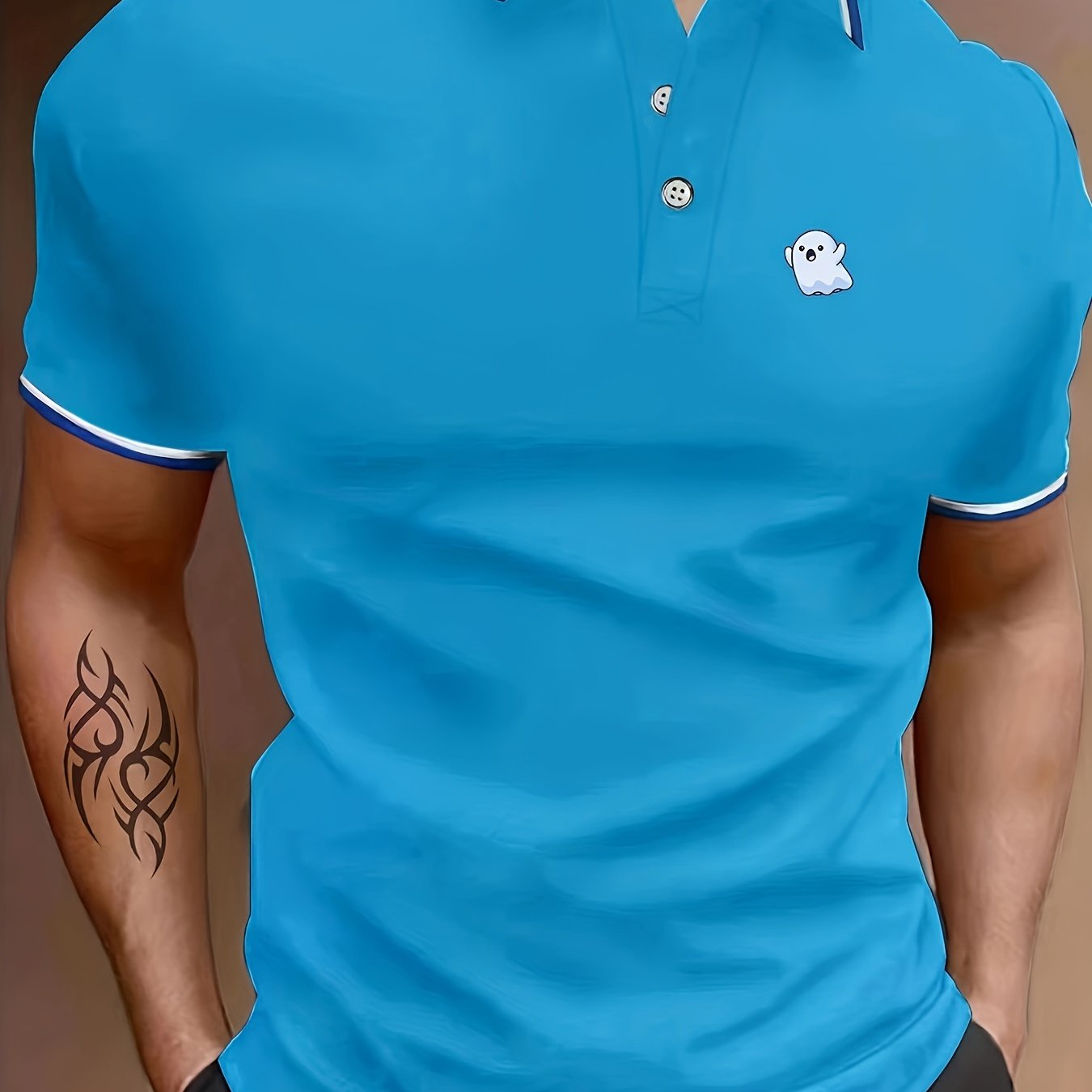 Ghost Print Men's Lapel Polo Shirt Casual Stretch Breathable Button Up Top