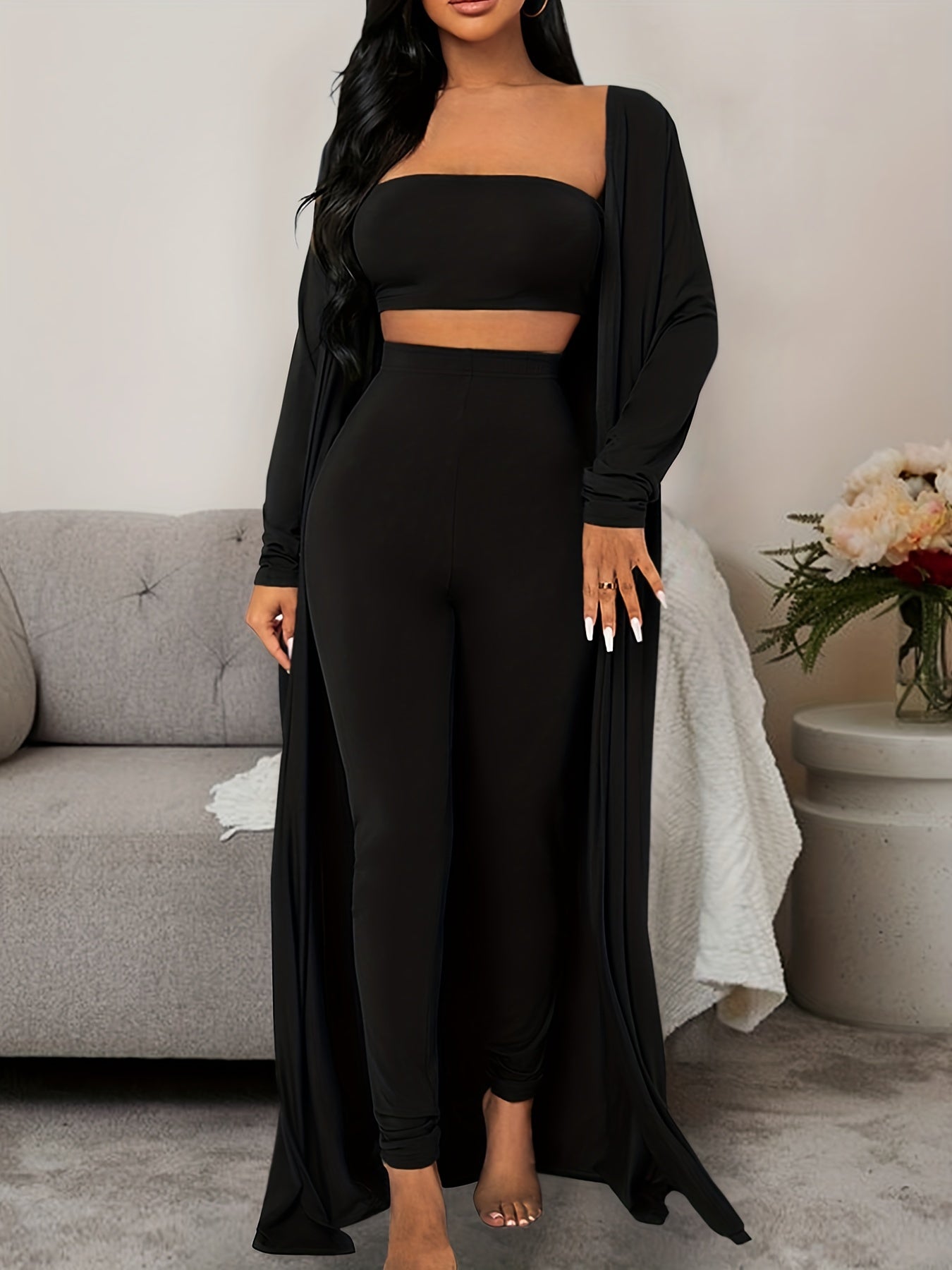 Women's Solid Lounge Set Long Sleeve Robe & Crop Top & Shorts