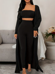 Women's Solid Lounge Set Long Sleeve Robe & Crop Top & Shorts