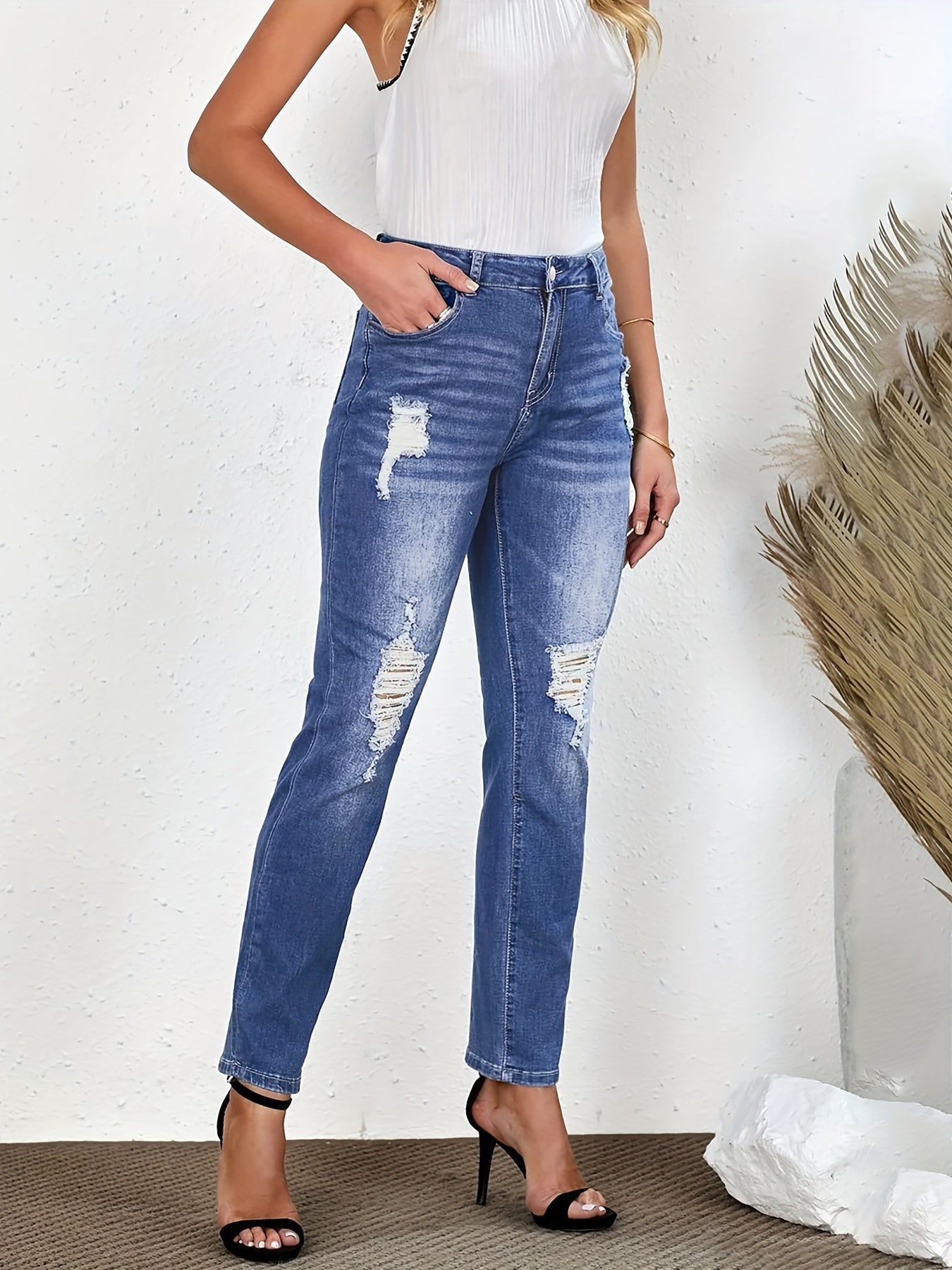 Ripped Button Fly Mid Waisted Skinny High Stretch Jeans
