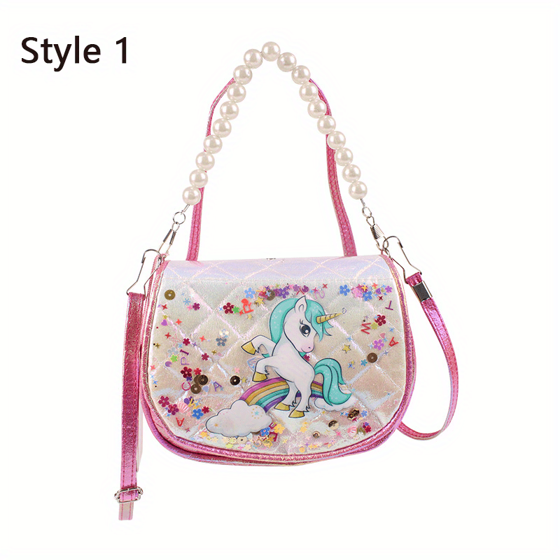 Cartoon Unicorn Handbag With Faux Pearl Handle For Girls