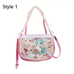 Cartoon Unicorn Handbag With Faux Pearl Handle For Girls