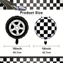 12 Pcs Checkered Racing Balloons & Car Wheel Aluminum Foil Race Car Balloons