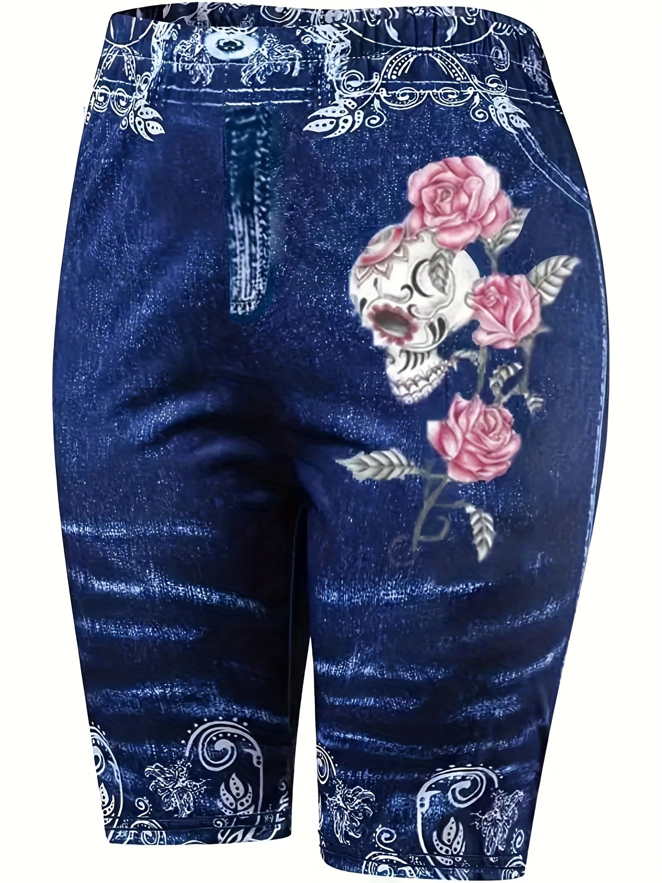 Skull & Flower Print High Waist Denim Shorts