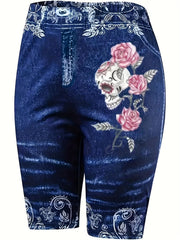 Skull & Flower Print High Waist Denim Shorts