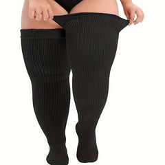 Sporty Thigh High Socks Women's Plus Solid & Striped Anti slip