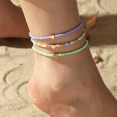 Colorful Beaded Anklet Set With Heart Shape Beads 3pcs