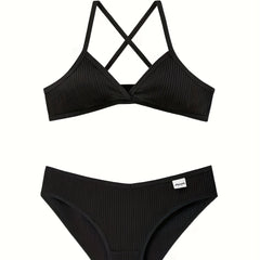 Criss Cross Back Bra & Ribbed Panties Lingerie Set