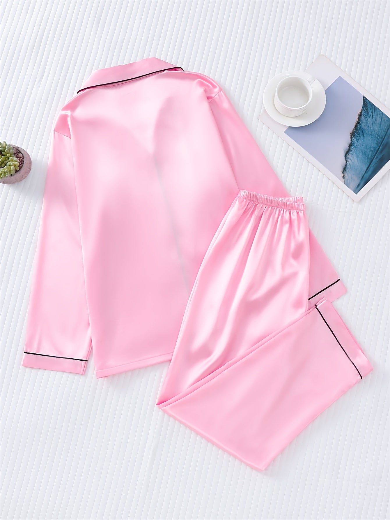 Satin Pajama Set Long Sleeve Top & Pants Women's Sleepwear