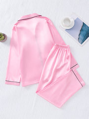 Satin Pajama Set Long Sleeve Top & Pants Women's Sleepwear