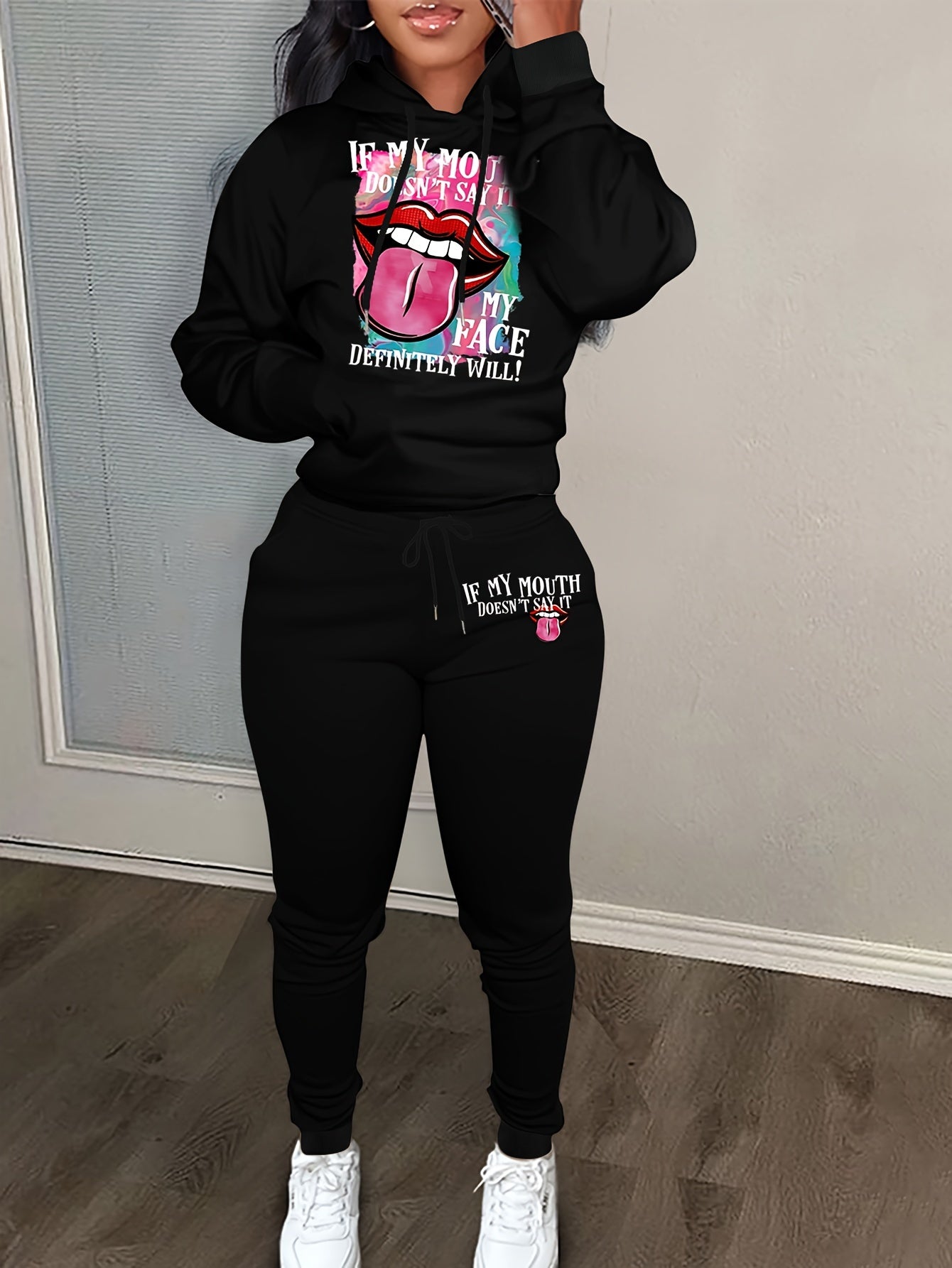 Lip & Slogan Print Hoodie & Joggers 2 Piece Set