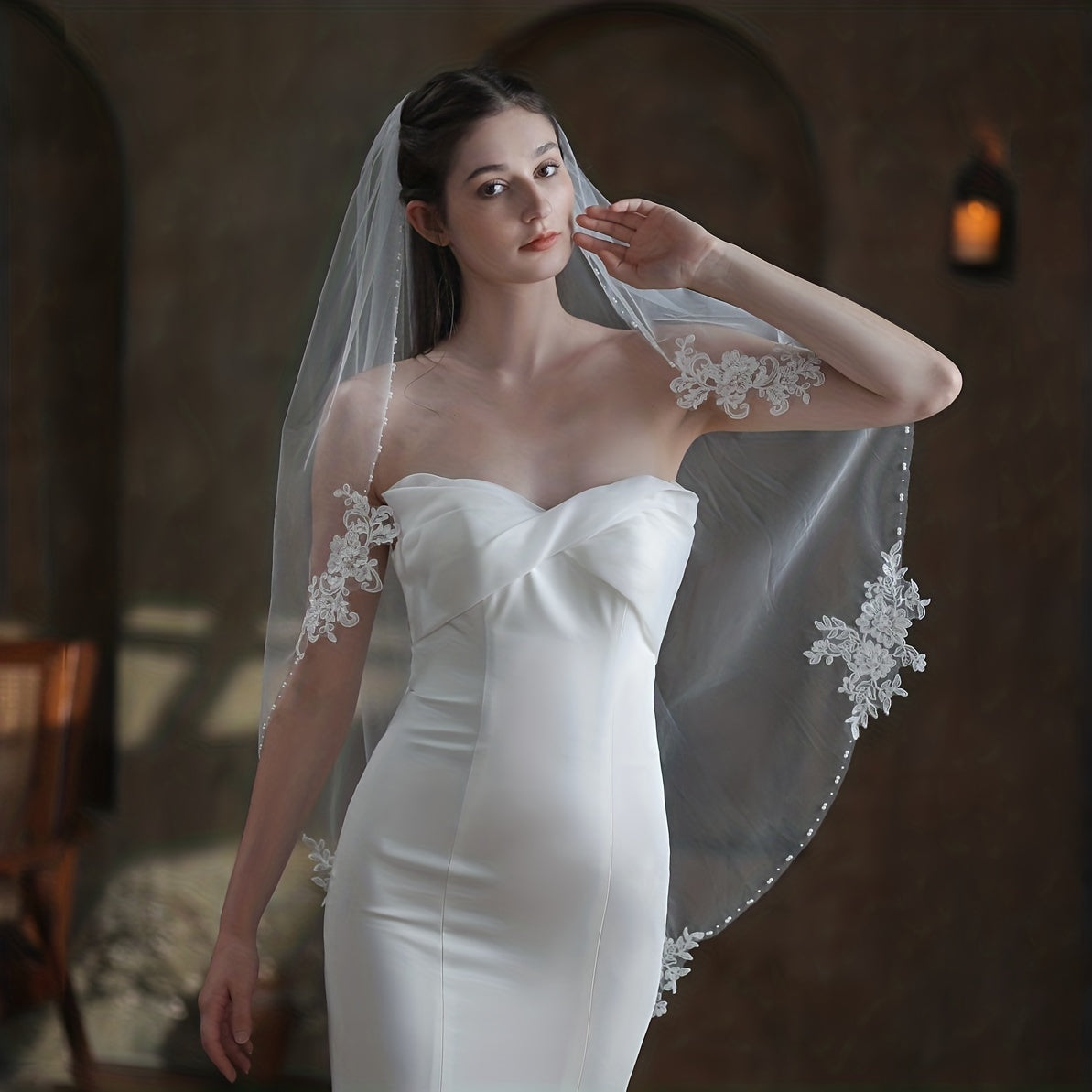 Beaded Wedding Veil 1 Layer Bridal Travel Photography Headdress