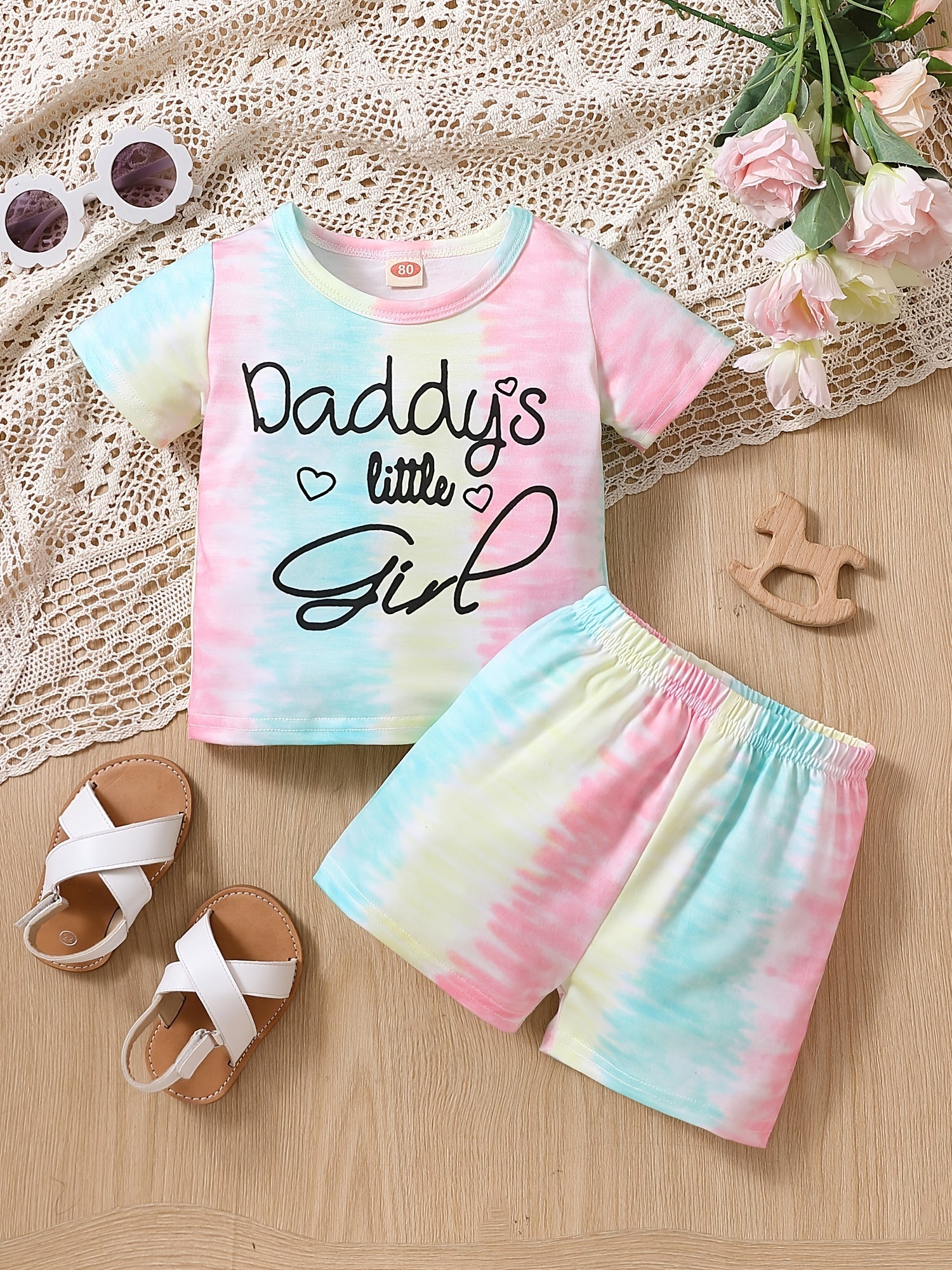 2pc Toddler Girls Tie Dye T-Shirts Heart/Letter Graphic Round Neck Shorts Set