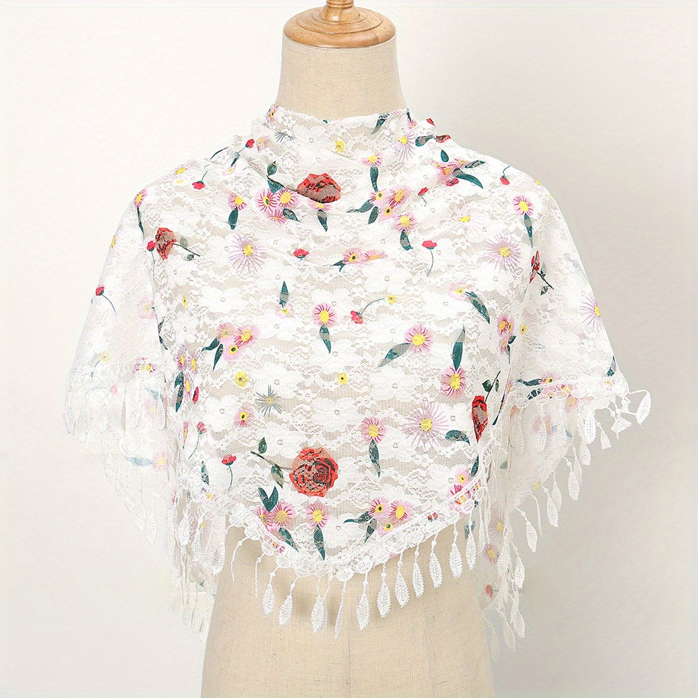 Boho Lace Triangle Shawl Flower Print Hollow Wrap