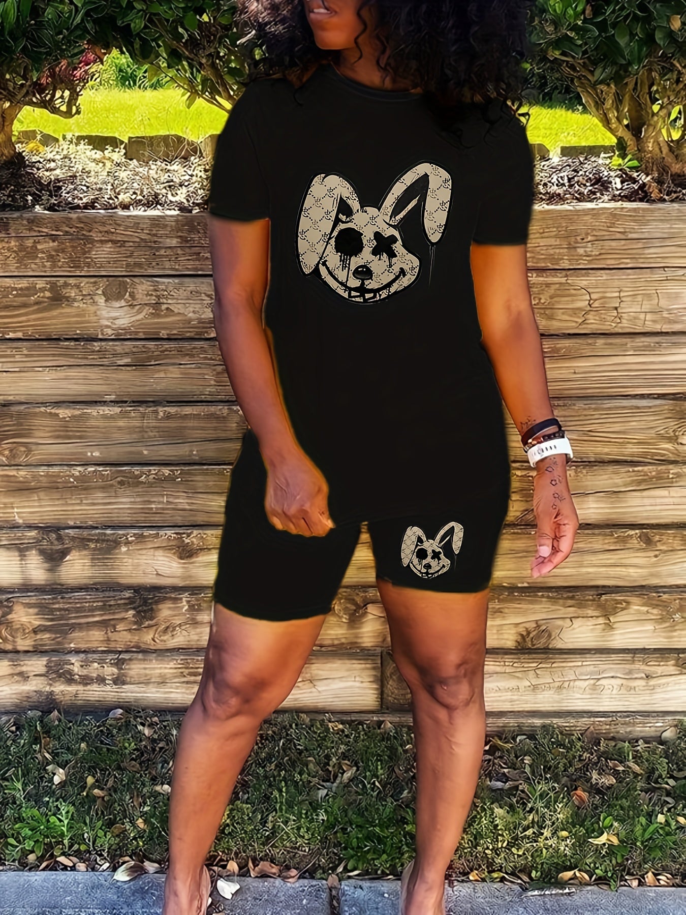 Dark Rabbit Print 2pc Set Crew Neck T Shirt & Shorts Outfits for Spring & Summer