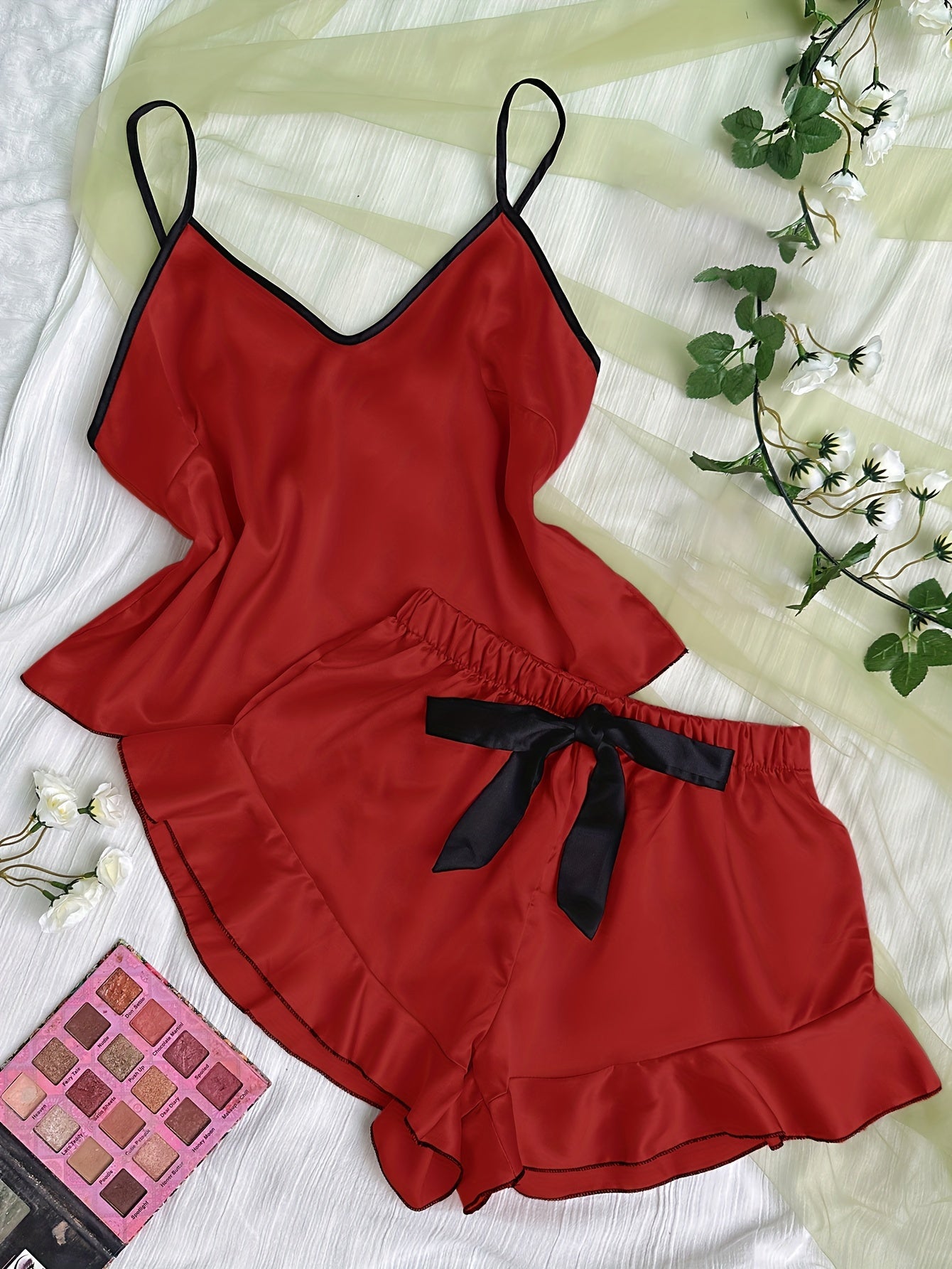 Satin Pajama Set V Neck Cami Top & Ruffle Shorts
