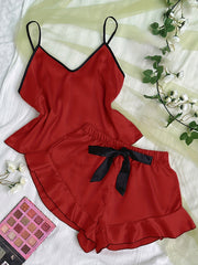 Satin Pajama Set V Neck Cami Top & Ruffle Shorts