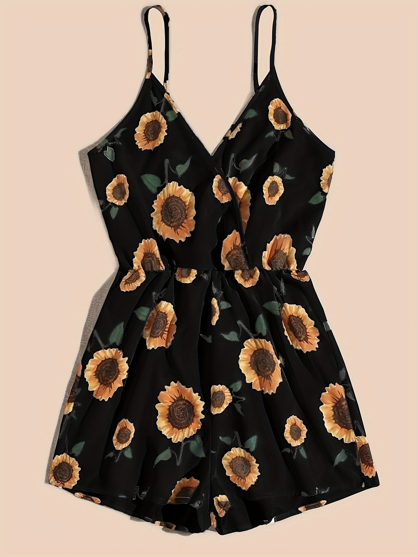 Sunflower Print Cami Romper Jumpsuit V Neck Sleeveless