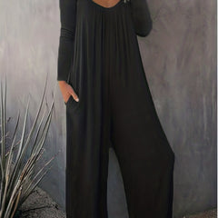 Solid Long Sleeve V Neck Wide Leg Jumpsuit With Pockets
