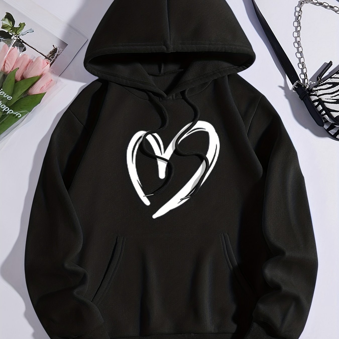 Heart Graphic Sports Hoodie with Front Pocket