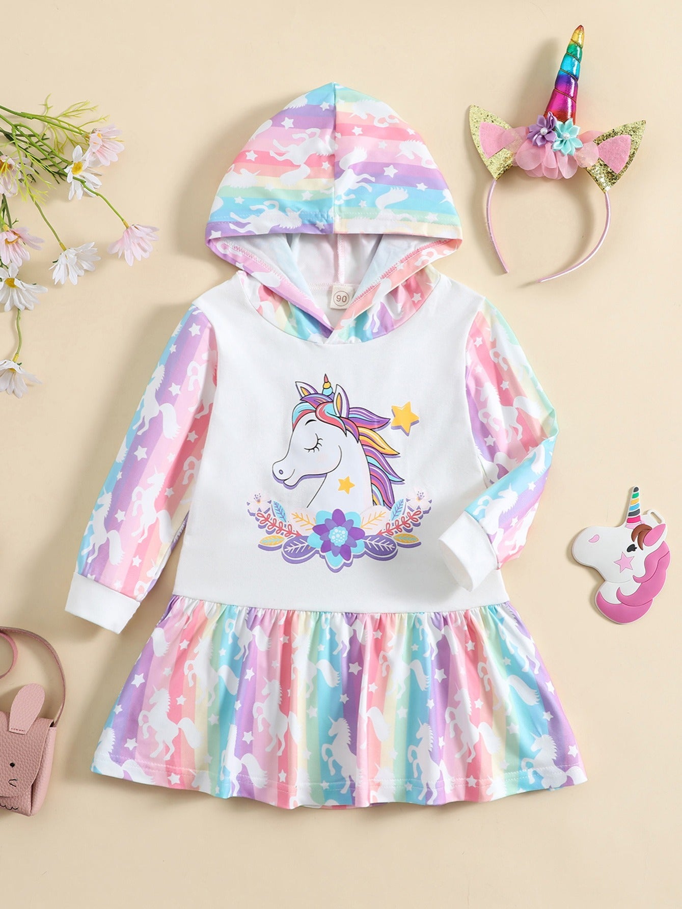 Baby Girls Unicorn Print Hooded Dress Set