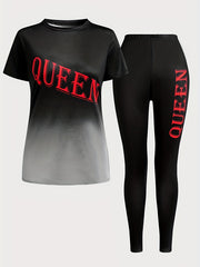 2 Pc Set Women's Plus Letter & Ombre Tee & Leggings Outfit