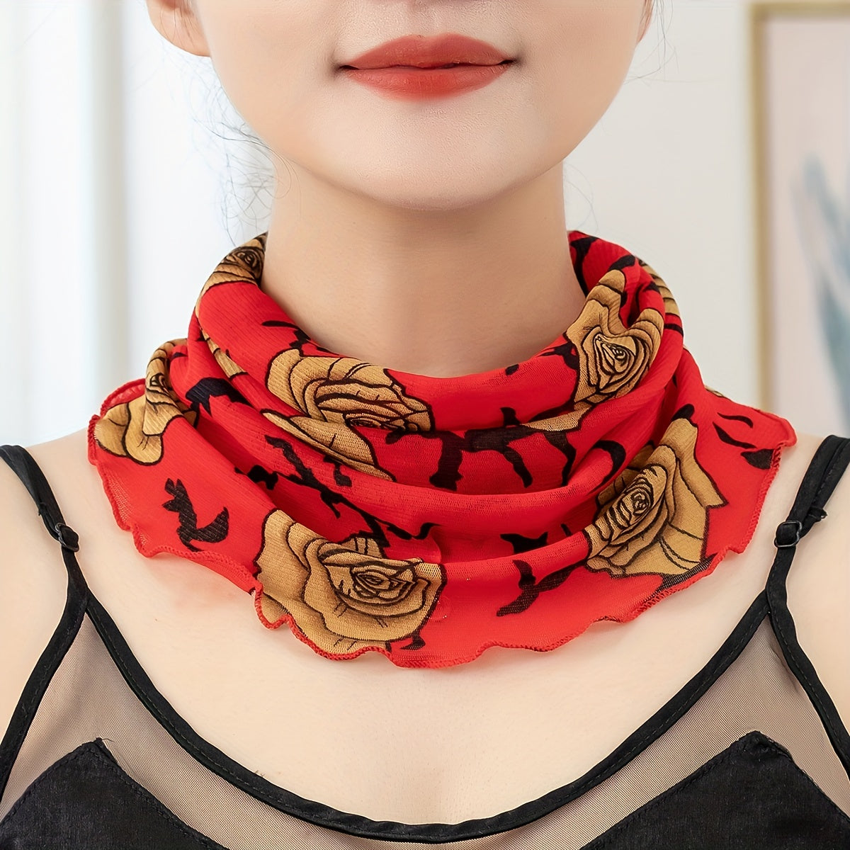 Classic Rose Print Scarf Red Ruffles Thin Breathable Gauze Neck Gaiter