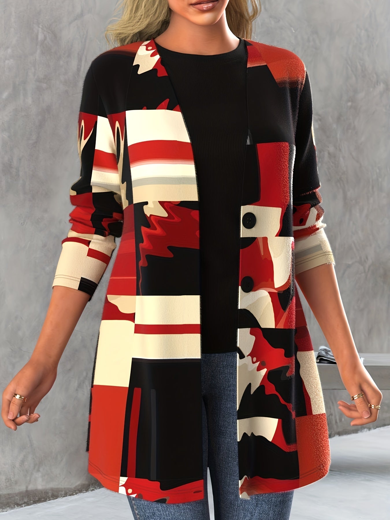 Geo Print Button Front Cardigan Long Sleeve Women's Clothing